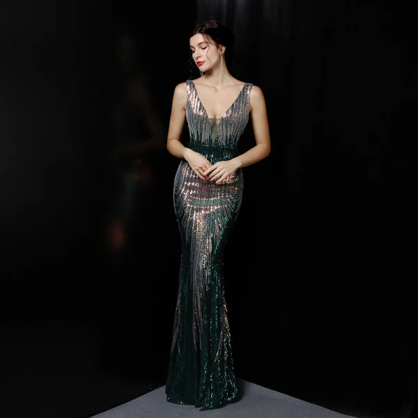 Sexy White Beading Sequins Evening Dresses 2022 Trumpet / Mermaid V-Neck Sleeveless Backless Floor-Length / Long Evening Party Formal Dresses