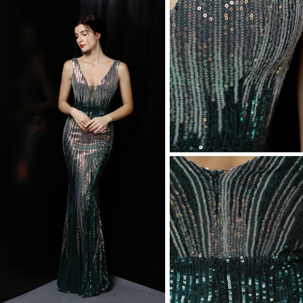 Sexy White Beading Sequins Evening Dresses 2022 Trumpet / Mermaid V-Neck Sleeveless Backless Floor-Length / Long Evening Party Formal Dresses