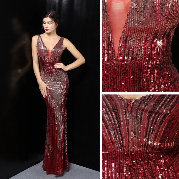 Sexy White Beading Sequins Evening Dresses 2022 Trumpet / Mermaid V-Neck Sleeveless Backless Floor-Length / Long Evening Party Formal Dresses