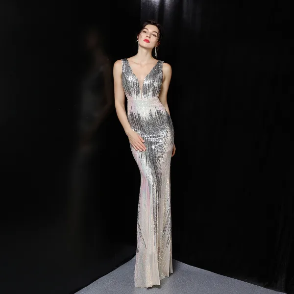 Sexy White Beading Sequins Evening Dresses 2022 Trumpet / Mermaid V-Neck Sleeveless Backless Floor-Length / Long Evening Party Formal Dresses