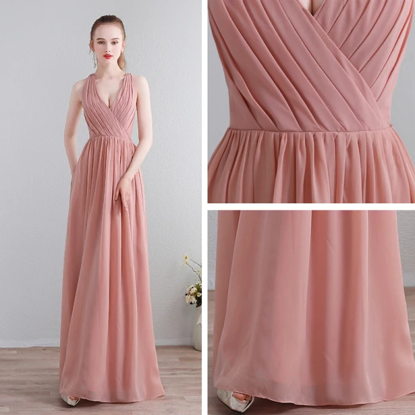 Modern / Fashion Floor-Length / Long Blushing Pink Evening Dresses  2018 A-Line / Princess Chiffon V-Neck Lace-up Appliques Backless Pierced Formal Dresses