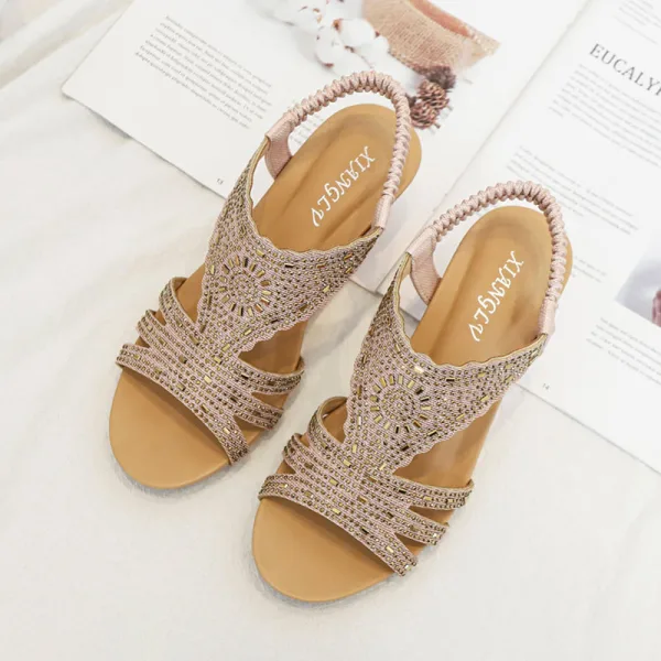 Bohemia Beige Street Wear Rhinestone Womens Sandals 2022 5 cm Wedges Open / Peep Toe Sandals