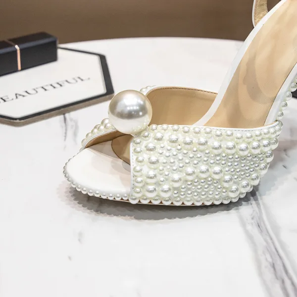 Charming Ivory Pearl Wedding Sandals 2020 Leather Ankle Strap 10 cm Stiletto Heels Open / Peep Toe Wedding Shoes