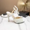 Sjarmerende Elfenben Perle Bryllup Sandaler 2020 Lær Ankelstropp 10 cm Stiletthæler Peep Toe Brudesko