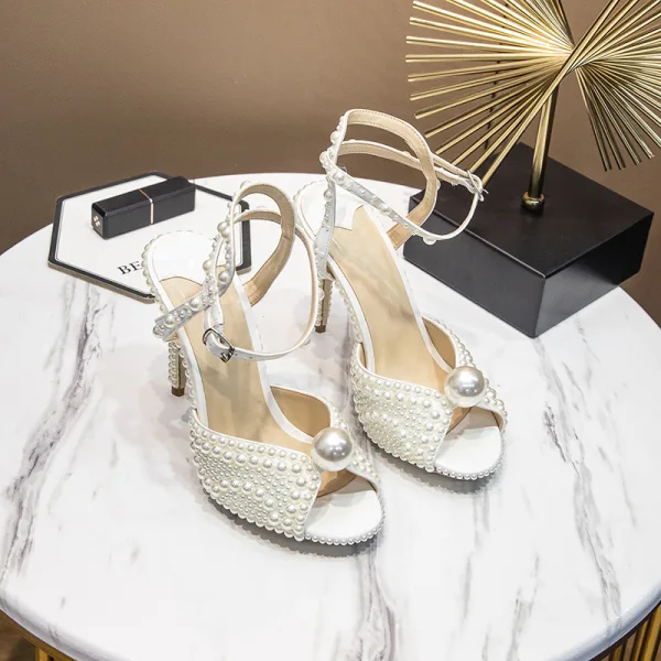 Charming Ivory Pearl Wedding Sandals 2020 Leather Ankle Strap 10 cm Stiletto Heels Open / Peep Toe Wedding Shoes