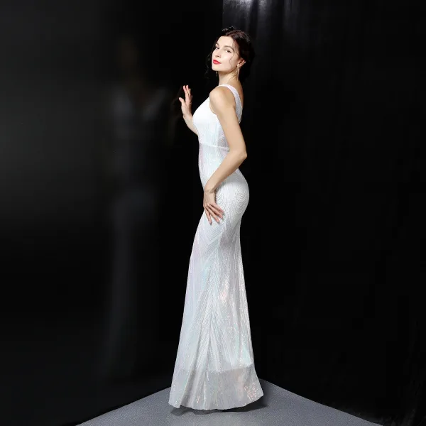 Sexy White Beading Sequins Evening Dresses 2022 Trumpet / Mermaid V-Neck Sleeveless Backless Floor-Length / Long Evening Party Formal Dresses