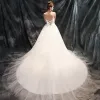 Chic / Beautiful Church Wedding Dresses 2017 White Ball Gown Cathedral Train Cascading Ruffles Sweetheart Pearl Beading Sleeveless Backless Lace Appliques
