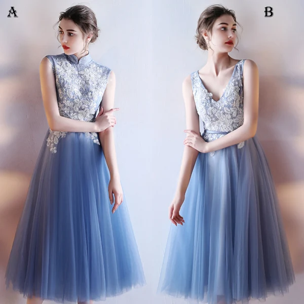 Chic / Beautiful Graduation Dresses 2017 Lace Appliques Sequins Pearl V-Neck Sleeveless Ocean Blue Tea-length A-Line / Princess