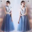 Chic / Beautiful Graduation Dresses 2017 Lace Appliques Sequins Pearl V-Neck Sleeveless Ocean Blue Tea-length A-Line / Princess
