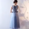 Chic / Beautiful Graduation Dresses 2017 Lace Appliques Sequins Pearl V-Neck Sleeveless Ocean Blue Tea-length A-Line / Princess