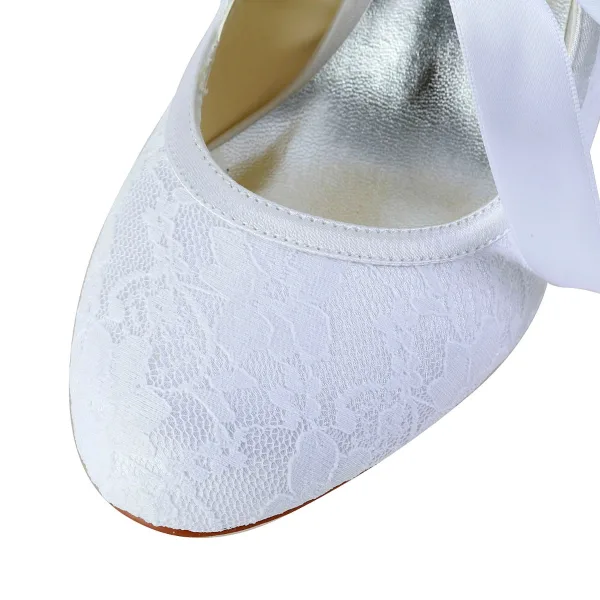 Schlicht Ivory / Creme Satin Spitze Brautschuhe 2021 Schleife 6 cm Stilettos Runde Zeh Hochzeit Pumps Hochhackige
