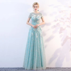 Chic Belle Bleu Transparentes Robe De Soirée 2018 Princesse Encolure Dégagée Manches Courtes Glitter Tulle Appliques Fleur Longue Volants Dos Nu Robe De Ceremonie