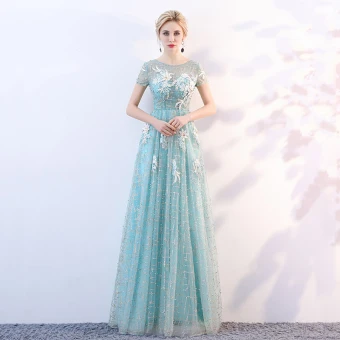 Chic Belle Bleu Transparentes Robe De Soirée 2018 Princesse Encolure Dégagée Manches Courtes Glitter Tulle Appliques Fleur Longue Volants Dos Nu Robe De Ceremonie