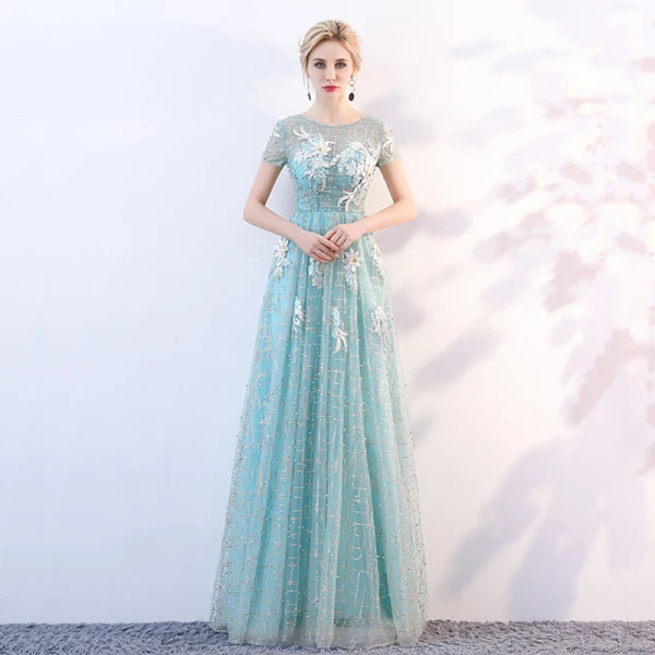 Chic / Belle Bleu Transparentes Robe De Soirée 2018 Princesse Encolure Dégagée Manches Courtes Glitter Tulle Appliques Fleur Longue Volants Dos Nu Robe De Ceremonie
