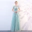 Chic / Belle Bleu Transparentes Robe De Soirée 2018 Princesse Encolure Dégagée Manches Courtes Glitter Tulle Appliques Fleur Longue Volants Dos Nu Robe De Ceremonie