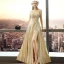 Illusion Gold Evening Dresses  2018 A-Line / Princess Scoop Neck Sleeveless Appliques Lace Pierced Split Front Floor-Length / Long Backless Formal Dresses