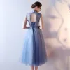 Chic / Beautiful Graduation Dresses 2017 Lace Appliques Sequins Pearl V-Neck Sleeveless Ocean Blue Tea-length A-Line / Princess