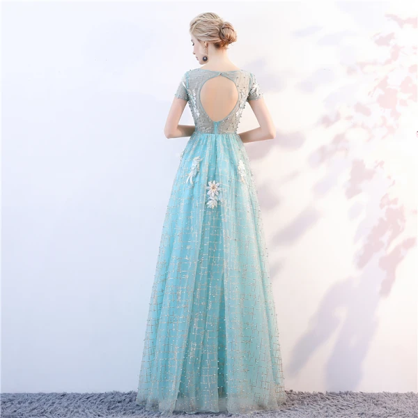 Chic / Belle Bleu Transparentes Robe De Soirée 2018 Princesse Encolure Dégagée Manches Courtes Glitter Tulle Appliques Fleur Longue Volants Dos Nu Robe De Ceremonie