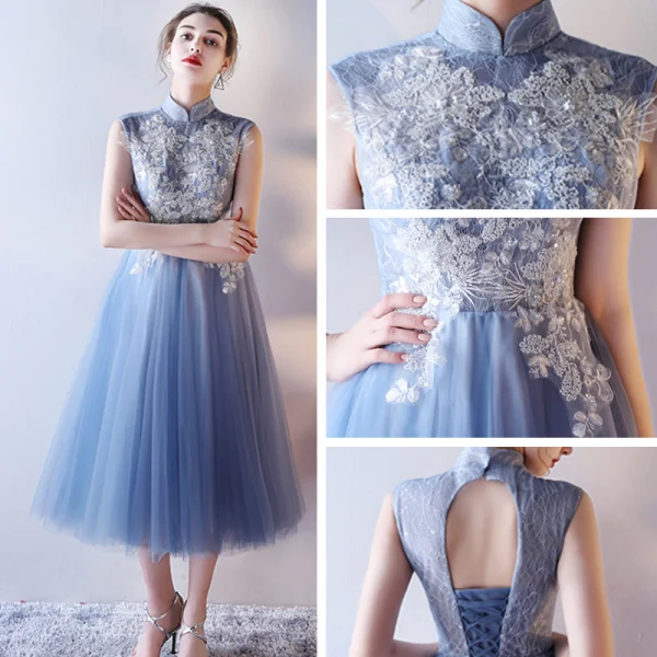 Chic / Beautiful Graduation Dresses 2017 Lace Appliques Sequins Pearl V-Neck Sleeveless Ocean Blue Tea-length A-Line / Princess