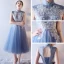 Chic / Beautiful Graduation Dresses 2017 Lace Appliques Sequins Pearl V-Neck Sleeveless Ocean Blue Tea-length A-Line / Princess