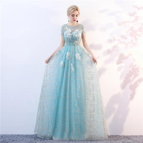 Chic / Belle Bleu Transparentes Robe De Soirée 2018 Princesse Encolure Dégagée Manches Courtes Glitter Tulle Appliques Fleur Longue Volants Dos Nu Robe De Ceremonie