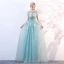 Chic / Belle Bleu Transparentes Robe De Soirée 2018 Princesse Encolure Dégagée Manches Courtes Glitter Tulle Appliques Fleur Longue Volants Dos Nu Robe De Ceremonie