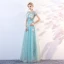 Chic / Belle Bleu Transparentes Robe De Soirée 2018 Princesse Encolure Dégagée Manches Courtes Glitter Tulle Appliques Fleur Longue Volants Dos Nu Robe De Ceremonie