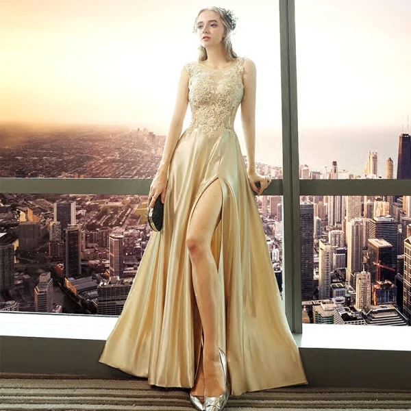 Illusion Gold Evening Dresses  2018 A-Line / Princess Scoop Neck Sleeveless Appliques Lace Pierced Split Front Floor-Length / Long Backless Formal Dresses