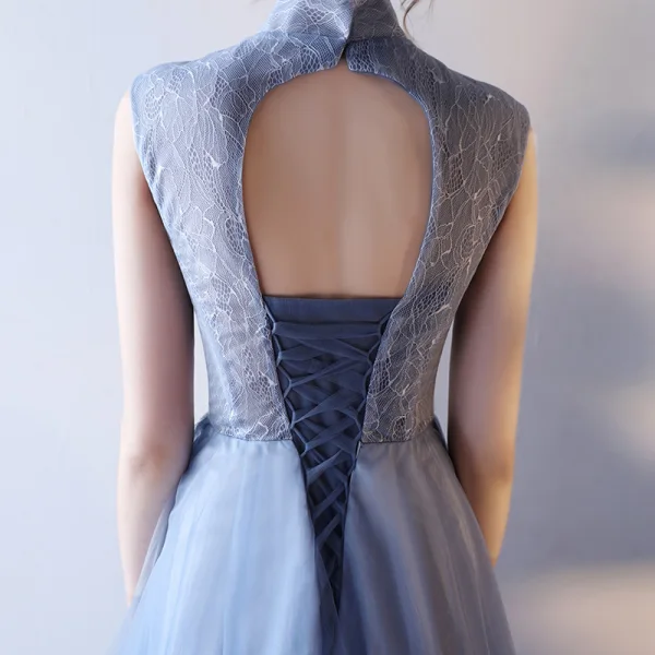 Chic / Beautiful Graduation Dresses 2017 Lace Appliques Sequins Pearl V-Neck Sleeveless Ocean Blue Tea-length A-Line / Princess