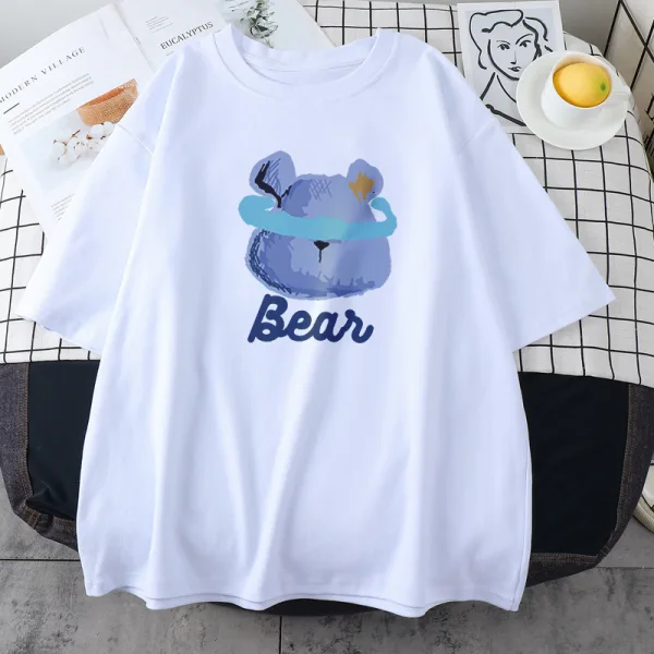 Summer Street Wear White Cartoon Loose T-Shirts 2021 Cotton Scoop Neck Short Sleeve Women's Tops