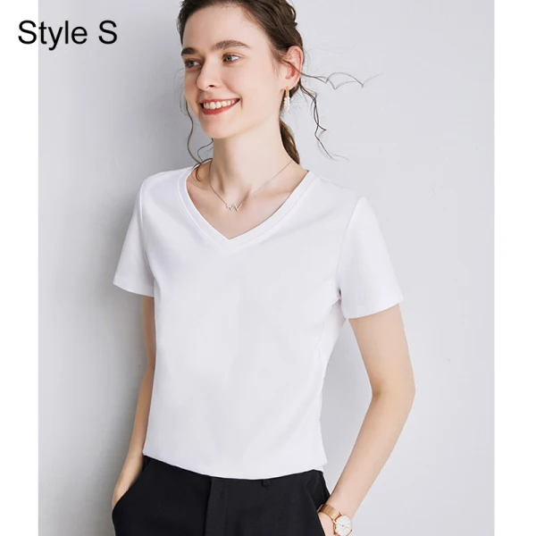 Modest / Simple Summer Casual OL White Regular T-Shirts 2021 Cotton V-Neck Short Sleeve Women's Tops T-shirt