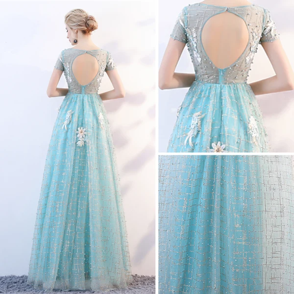 Chic / Belle Bleu Transparentes Robe De Soirée 2018 Princesse Encolure Dégagée Manches Courtes Glitter Tulle Appliques Fleur Longue Volants Dos Nu Robe De Ceremonie