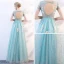 Chic / Belle Bleu Transparentes Robe De Soirée 2018 Princesse Encolure Dégagée Manches Courtes Glitter Tulle Appliques Fleur Longue Volants Dos Nu Robe De Ceremonie