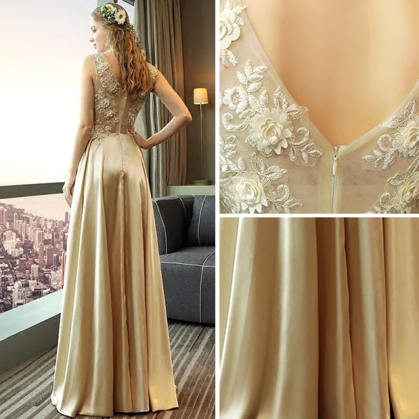 Illusion Gold Evening Dresses  2018 A-Line / Princess Scoop Neck Sleeveless Appliques Lace Pierced Split Front Floor-Length / Long Backless Formal Dresses