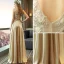 Illusion Gold Evening Dresses  2018 A-Line / Princess Scoop Neck Sleeveless Appliques Lace Pierced Split Front Floor-Length / Long Backless Formal Dresses