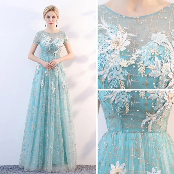 Chic / Belle Bleu Transparentes Robe De Soirée 2018 Princesse Encolure Dégagée Manches Courtes Glitter Tulle Appliques Fleur Longue Volants Dos Nu Robe De Ceremonie