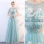 Chic / Belle Bleu Transparentes Robe De Soirée 2018 Princesse Encolure Dégagée Manches Courtes Glitter Tulle Appliques Fleur Longue Volants Dos Nu Robe De Ceremonie