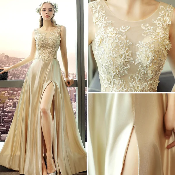 Illusion Gold Evening Dresses  2018 A-Line / Princess Scoop Neck Sleeveless Appliques Lace Pierced Split Front Floor-Length / Long Backless Formal Dresses