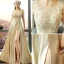 Illusion Gold Evening Dresses  2018 A-Line / Princess Scoop Neck Sleeveless Appliques Lace Pierced Split Front Floor-Length / Long Backless Formal Dresses