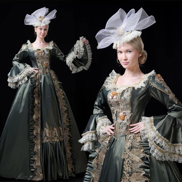 Vintage / Retro Medieval Clover Green Ball Gown Prom Dresses 2021 Long Sleeve Square Neckline Floor-Length / Long Handmade Embroidered 3D Lace Flower Lace Satin Cosplay Prom Formal Dresses