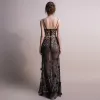 Sexy Schwarz Lange Abendkleider 2018 Mermaid Tülle Perlenstickerei Rückenfreies Applikationen Strass Abend Festliche Kleider