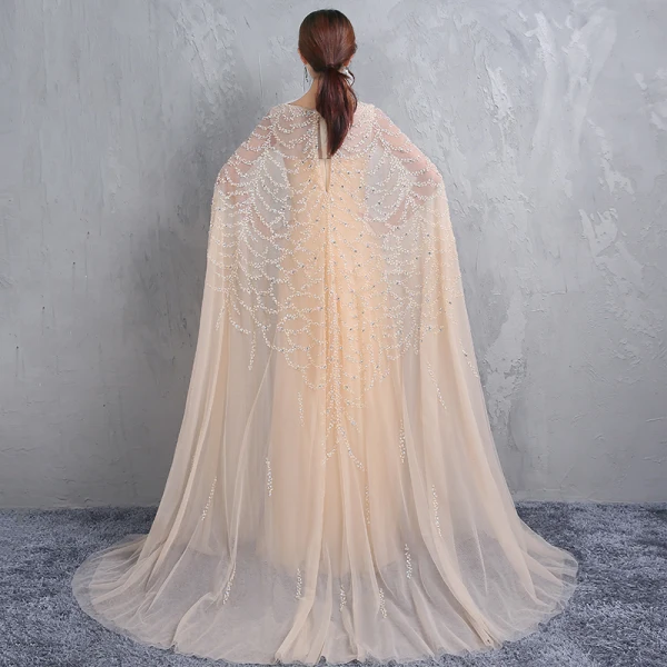 Luxe Champagne Longue Robe De Soirée 2018 Trompette / Sirène Avec Cape Tulle U-Cou Fait main Perlage Faux Diamant Cristal Soirée Robe De Ceremonie