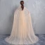 Luxe Champagne Longue Robe De Soirée 2018 Trompette / Sirène Avec Cape Tulle U-Cou Fait main Perlage Faux Diamant Cristal Soirée Robe De Ceremonie