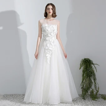 Modest Simple White Floor Length Long Wedding A Line Princess U Neck Tulle Appliques Backless Beading Wedding Dresses 2018