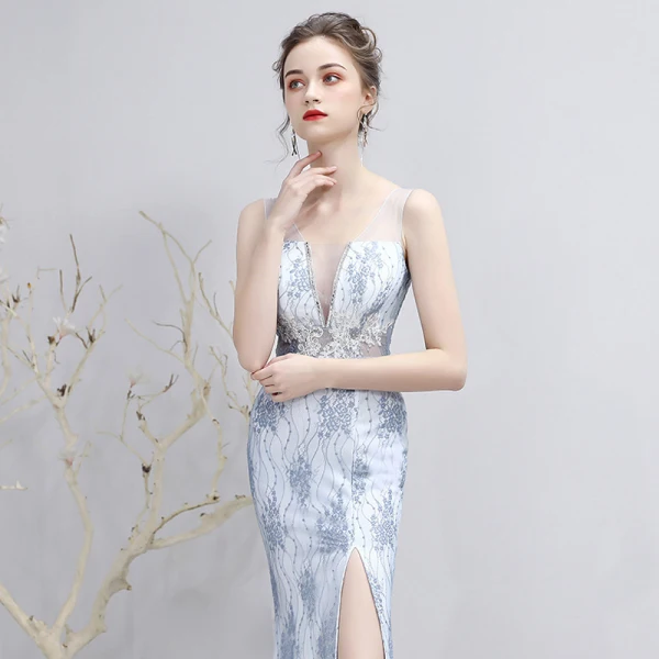 Charmant Sexy Argenté Fendue devant Robe De Soirée 2020 Trompette / Sirène V-Cou Longue Appliques Dos Nu Perlage Brodé Faux Diamant Cocktail Soirée Robe De Ceremonie