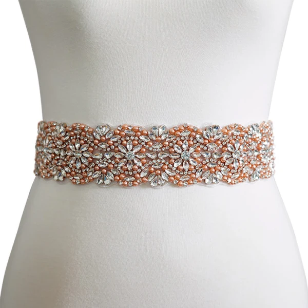 Luxury / Gorgeous Champagne Prom Sash 2020 Satin Metal Handmade  Beading Crystal Pearl Rhinestone Evening Party Accessories