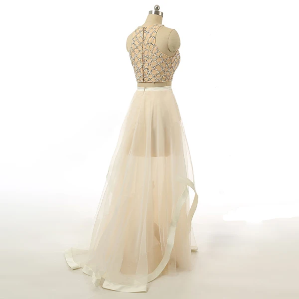Glittrande 2 Bit Blå Balklänningar 2017 Prinsessa Urringning Ärmlös Beading Pärla Paljetter Ruffle Satin Blå Chiffong Långa Formella Klänningar