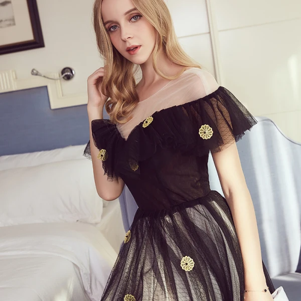 Chic / Beautiful Black Evening Dresses 2017 A-Line / Princess U-Neck Tulle Appliques Backless Evening Party Formal Dresses