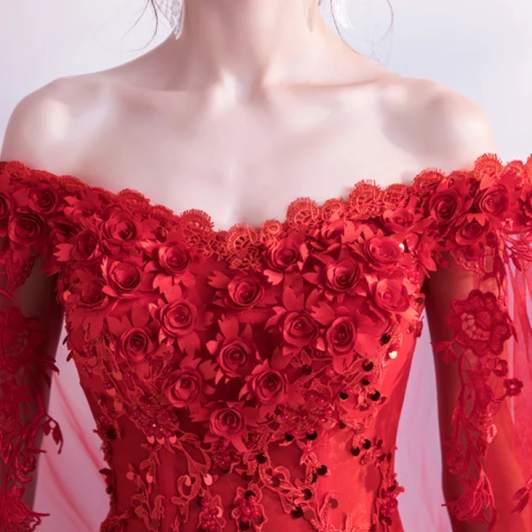 Chic / Beautiful Strapless Prom Dresses 2018 Floor-Length / Long Tulle Red Appliques Backless Beading Embroidered Ball Gown Prom Formal Dresses