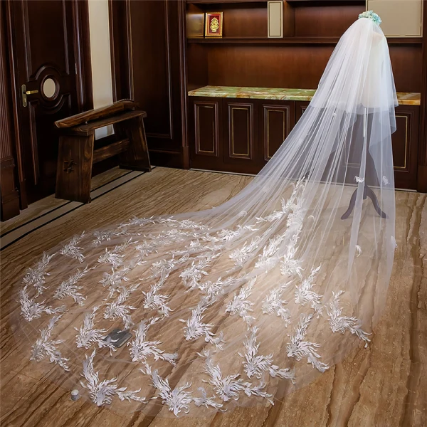Frozen Costume White Royal Train Wedding Tulle Lace Appliques 4 m Wedding Veils 2018